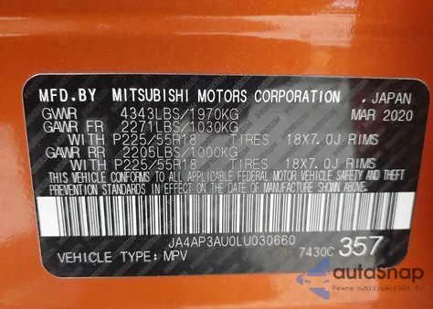 2020 Mitsubishi Outlander Sport 2.0 Be/2.0 Es/2.0 Sp from USA, damaged, VIN JA4AP3AU0LU030660